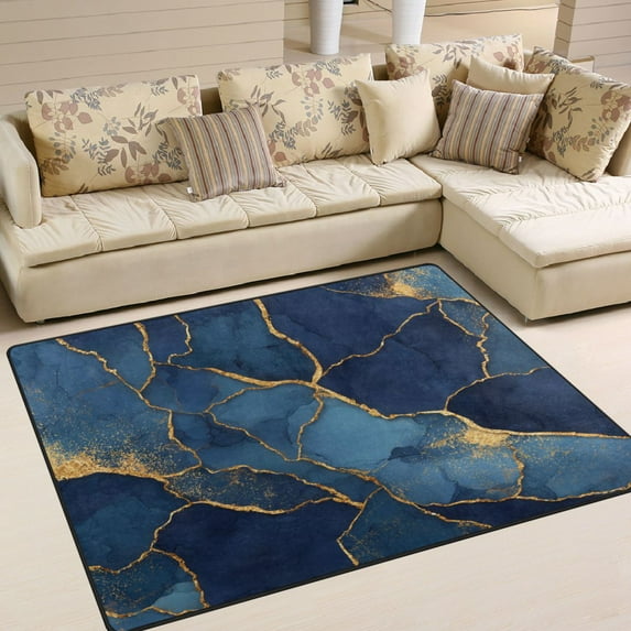 Area Rug Indoor 80"x58"in Non-Slip Wear Resistant Floor Mats Soft Large Carpets for Living Room Bedroom Home Decor Dark Blue Marble Veins