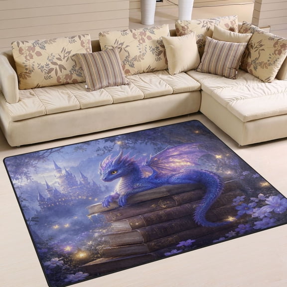 Area Rug Indoor 80"x58"in Non-Slip Wear Resistant Floor Mats Soft Large Carpets for Living Room Bedroom Home Decor Fantasy Dragon Castle Design