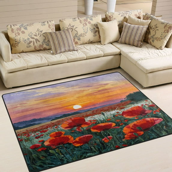 Area Rug Indoor 80"x58"in Non-Slip Wear Resistant Floor Mats Soft Large Carpets for Living Room Bedroom Home Decor Poppies at Sunset