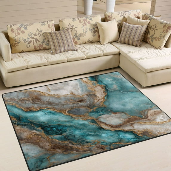 Area Rug Indoor 80"x58"in Non-Slip Wear Resistant Floor Mats Soft Large Carpets for Living Room Bedroom Home Decor Turquoise and Gold Marble