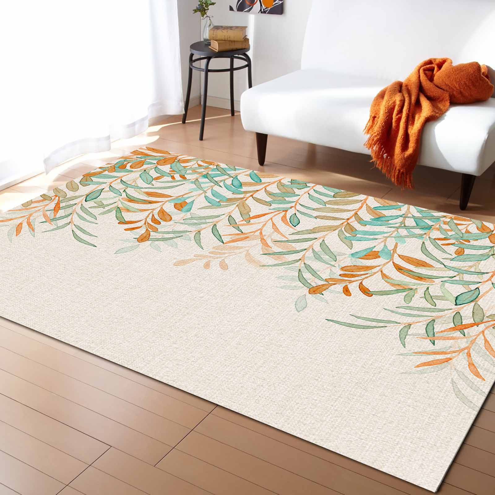 Area Rug Indoor Carpet, Fall Turquoise Khaki Burnt Orange Leaves
