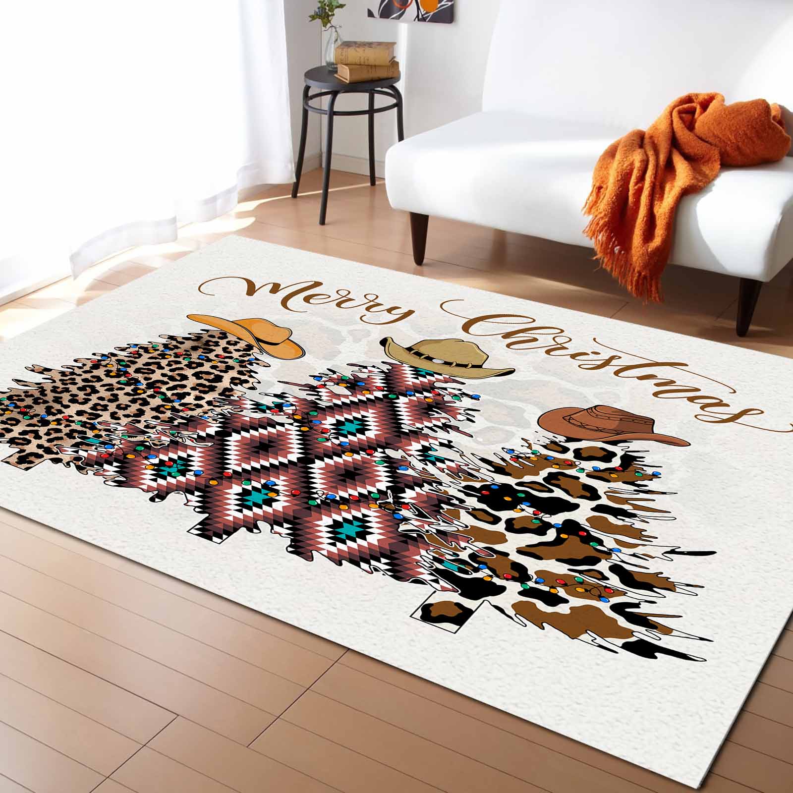 Area Rug Indoor Carpet, Merry Christmas Western Moroccan Cowboy Hat Cow