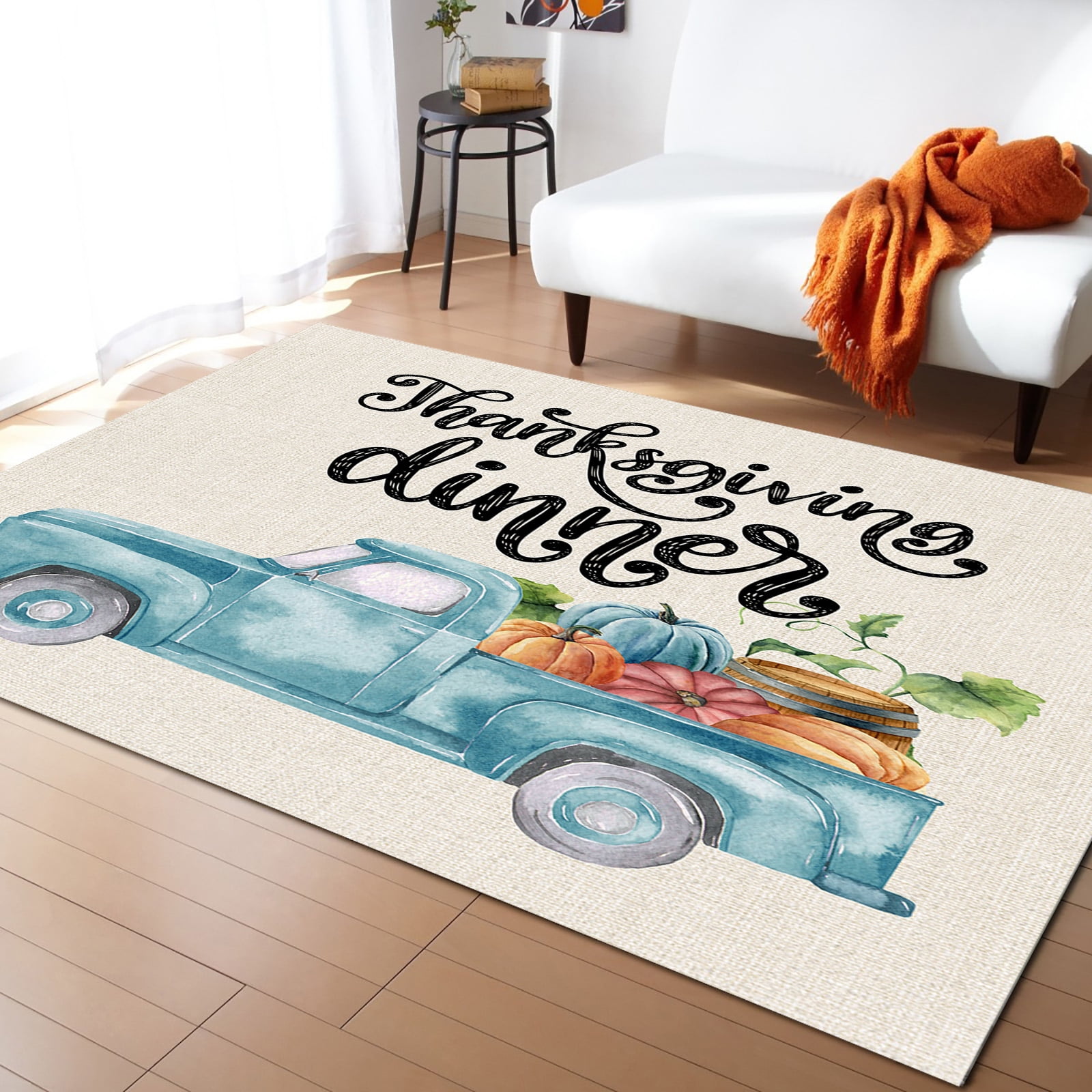 Area Rug Indoor Carpet, Thanksgiving Day Lorry Pumpkins Leaves Light Blue Beige Home Decor Soft