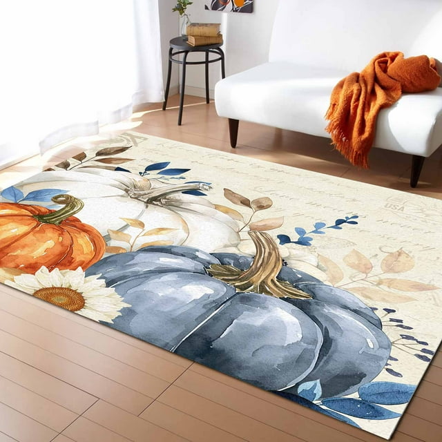 Area Rug Indoor Carpet, Thanksgiving Fall Pumpkins Leaves Floral