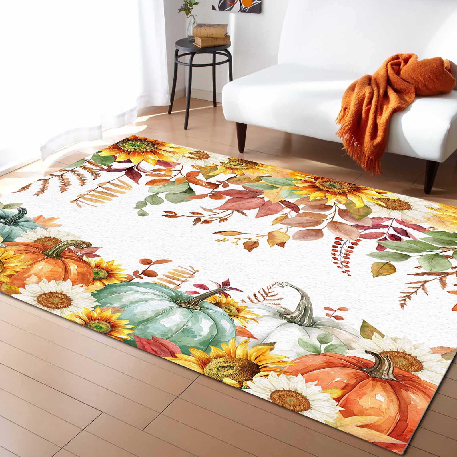 Area Rug Indoor Carpet, Thanksgiving Fall Pumpkins Sunflowers Floral