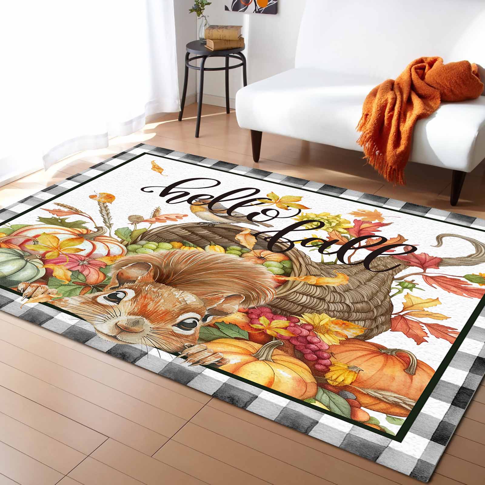 Area Rug Indoor Carpet, Thanksgiving Fall Squirrel Pumpkins Maple