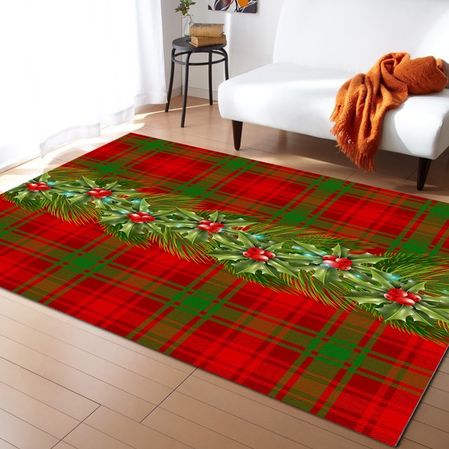 Area Rug Indoor Carpet, Winter Merry Christmas Holly Leaf Berry Green