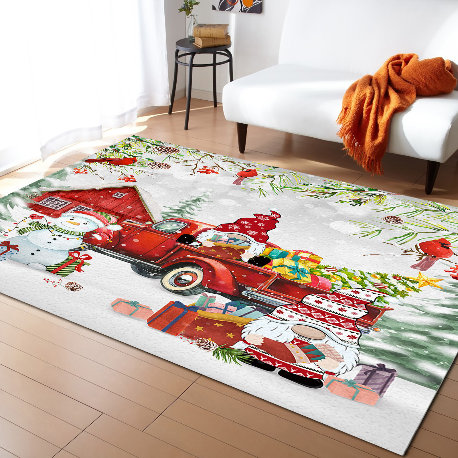 Area Rug Indoor Carpet, Winter Xmas Red Gnome Lorry Snowman Pine Tree
