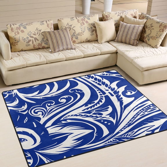Area Rug Indoor 80"x58" Non-Slip Wear Resistant Floor Mats Soft Large Carpets for Living Room, Bedroom, Home Decor Washable Rug Blue Polynesian Pattern