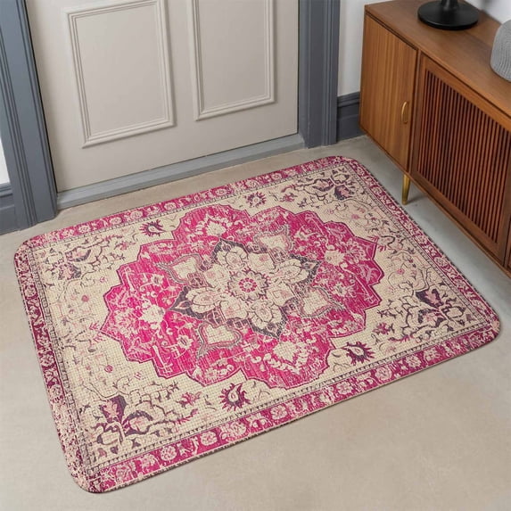 Area Rug Indoor Outdoor 47.2"x63",Boho Pink Absorbent Non Slip Accent Carpet,Middle Century Boho Geometric Abstract Southwestern Low Profile Floor Mat for Entryway Foyer Living Room Bedroom Patio