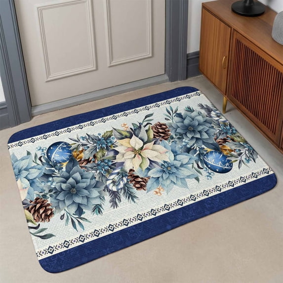 Area Rug Indoor Outdoor 47.2"x63", Navy Blue Christmas Absorbent Non Slip Accent Carpet, Poinsettia Xmas Ball Berry Winter Low Profile Floor Mat for Entryway Foyer Living Room Bedroom Mudroom Patio