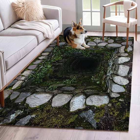 Area Rug for Living Room, 3D Optical Illusion Non-Slip Indoor Large Carpet for Bedroom/Dining Room, Visual Trap Looks Like Holes Teal Grey Washable Low-Profile Rectangle Floor Runner Rugs - 4 x 6 Ft