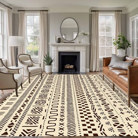 Area Rug for Living Room, Abstract Boho Non-Slip Indoor Large Carpet for Bedroom/Dining Room, Modern African Ethnic Geometric Beige Washable Low-Profile Rectangle Floor Runner Rugs - 6 x 9 Ft