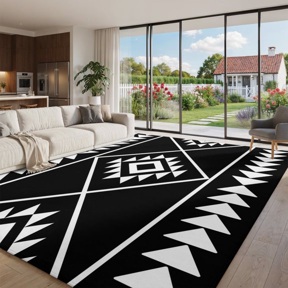 Area Rug for Living Room Abstract Geometric Art Washable Rug 8x10ft, Soft Non-Slip Cushion Rugs Chenille Sponge, Black White Tribal Triangle Floor Carpet for Bedroom Dining Room Office Nursery Home
