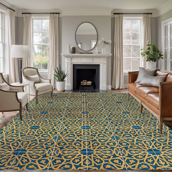 Area Rug for Living Room, Abstract Geometric Non-Slip Indoor Large Carpet for Bedroom/Dining Room, Traditional Tribe Abstract Pattern Yellow Washable Rectangle Floor Runner Rugs - 5 x 8 Ft