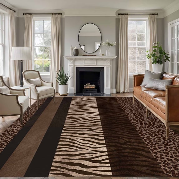 Area Rug for Living Room, Animal Print Non-Slip Indoor Large Carpet for Bedroom/Dining Room, Abstract Leopard Zebra Skin Texture Brown Washable Low-Profile Rectangle Floor Runner Rugs - 5 x 8 Ft