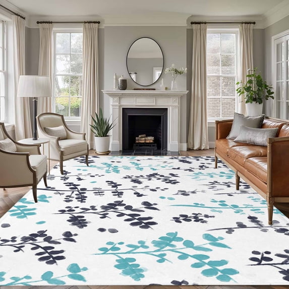 Area Rug for Living Room, Aqua Grey Botanical Non-Slip Indoor Large Carpet for Bedroom/Dining Room, Watercolor Spring Floral Summer Leaf Washable Low-Profile Rectangle Floor Runner Rugs - 5 x 7 Ft