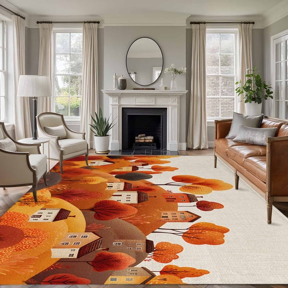 Area Rug for Living Room, Autumn Hill Fall Non-Slip Indoor Ex Large Carpet for Bedroom/Dining Room, Thanksgiving Orange Trees Retro Country House Low-Profile Rectangle Floor Runner Rugs - 8 x 10 Ft
