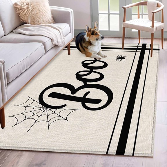 Area Rug for Living Room, BOO Halloween Non-Slip Indoor Large Carpet for Bedroom/Dining Room, Striped Horror Spi-der Web Beige Washable Low-Profile Rectangle Floor Runner Rugs - 4 x 6 Ft