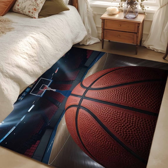 Area Rug for Living Room, Basketball Non-Slip Indoor Large Carpet for Bedroom/Dining Room, Sports Theme Stadium Field Lights Ball Washable Low-Profile Rectangle Floor Mat Runner Rugs - 3 x 5 Ft