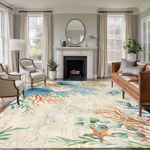 Area Rug for Living Room, Beige Beach Coastal Non-Slip Indoor Large Carpet for Bedroom/Dining Room, Summer Nautical Coral Shell Botanical Washable Low-Profile Rectangle Floor Runner Rugs - 5 x 8 Ft