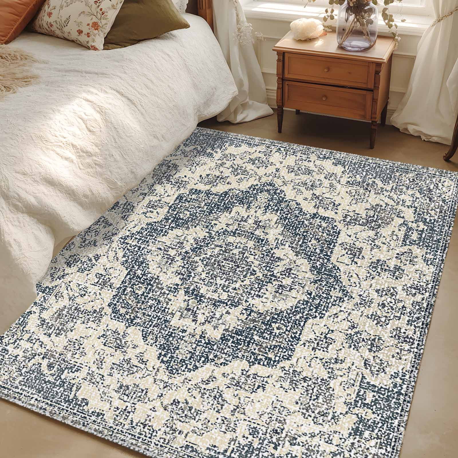 Low Profile Blue Rug Area Rug for Living Room, Beige Blue Boho Non-Slip Indoor Large Carpet ...