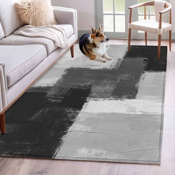 Area Rug for Living Room, Black Abstract Non-Slip Indoor Large Carpet for Bedroom/Dining Room, Grey Geometric Oil Painting Vintage Ombre Washable Rectangle Floor Mat Runner Rugs - 3 x 5 Ft