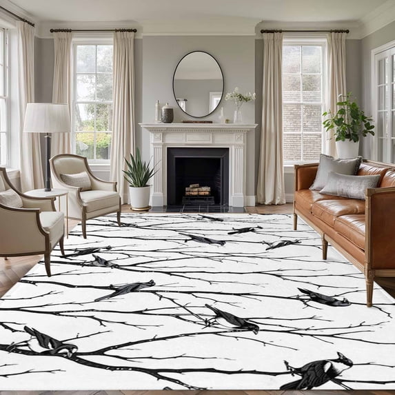 Area Rug for Living Room, Black Branches Birds Non-Slip Indoor Large Carpet for Bedroom/Dining Room, Modern Abstract Forest Silhouettes Washable Low-Profile Rectangle Floor Runner Rugs - 6 x 9 Ft