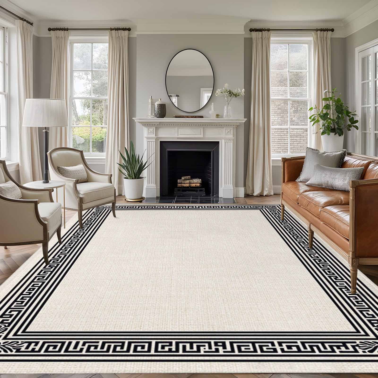 Area Rug for Living Room, Black Cream Greek Key Non-Slip Indoor Large ...