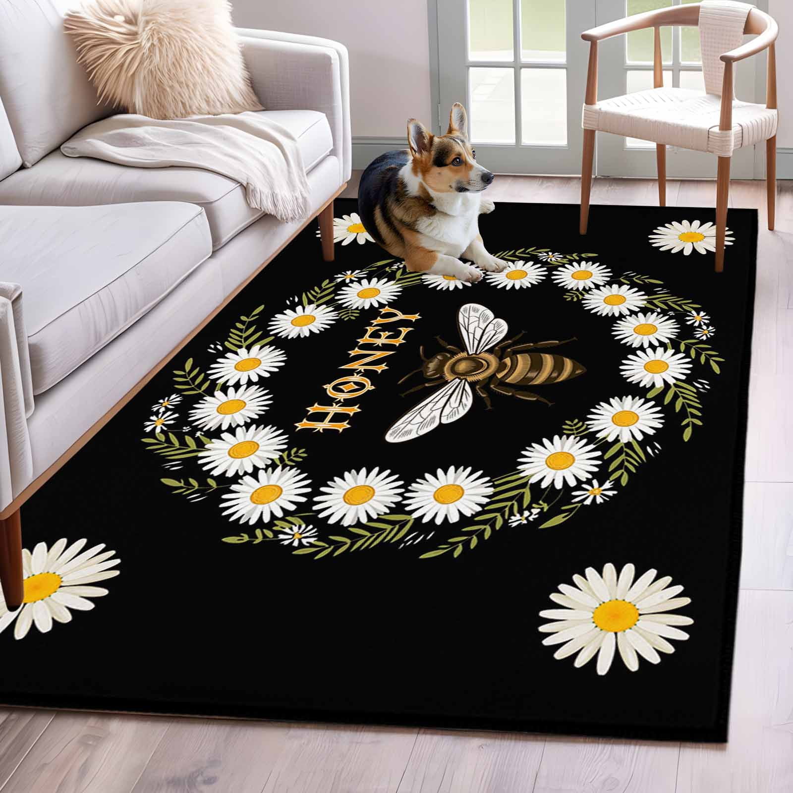 Area Rug for Living Room, Black Daisy Bees Non-Slip Indoor Large Carpet ...