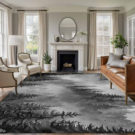 Area Rug for Living Room, Black Grey Mountain Non-Slip Indoor Large Carpet for Bedroom/Dining Room, Misty Forest Nature Woodland Pine Tree Landscape Washable Low-Profile Floor Runner Rugs - 5 x 7 Ft