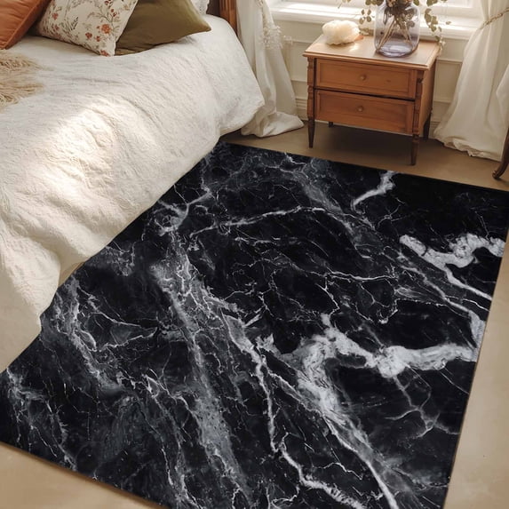 Area Rug for Living Room, Black Marble Non-Slip Indoor Large Carpet for Bedroom/Dining Room, Vintage Minimalism White Abstract Texture Washable Low-Profile Rectangle Floor Runner Rugs - 4 x 6 Ft