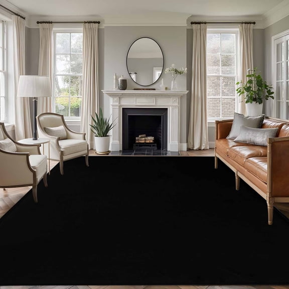 Area Rug for Living Room, Black Non-Slip Indoor Large Carpet for Bedroom/Dining Room, Solid Color Farmhouse Black Washable Low-Profile Rectangle Floor Runner Rugs - 6 x 9 Ft