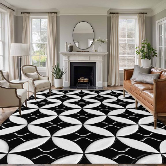 Area Rug for Living Room, Black Rhombus Non-Slip Indoor Large Carpet for Bedroom/Dining Room, Retro Abstract Geometric Pattern Washable Low-Profile Rectangle Floor Runner Rugs - 6 x 9 Ft