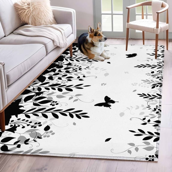 Area Rug for Living Room, Black Spring Botanical Non-Slip Indoor Large Carpet for Bedroom/Dining Room, Weeping Eucalyptus Butterfly Washable Low-Profile Rectangle Floor Mat Runner Rugs - 3 x 5 Ft
