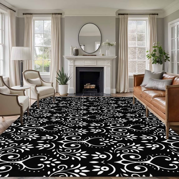 Area Rug for Living Room, Black Spring Floral Non-Slip Indoor Large Carpet for Bedroom/Dining Room, Modern Abstract Art Farmhouse Washable Low-Profile Rectangle Floor Runner Rugs - 5 x 7 Ft