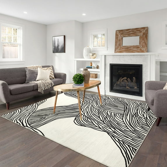 Area Rug for Living Room, Black Uneven Line Pattern Knot Washable Rug, Modern Print Premium Area Rug - Contemporary No-Shed Neutral Bedroom Rug, Black/White