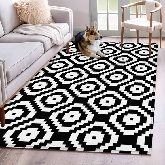 Area Rug for Living Room, Black White Geometric Non-Slip Indoor Large Carpet for Bedroom/Dining Room, Modern Abstract Art Washable Low-Profile Rectangle Floor Mat Runner Rugs - 2.7 x 5 Ft