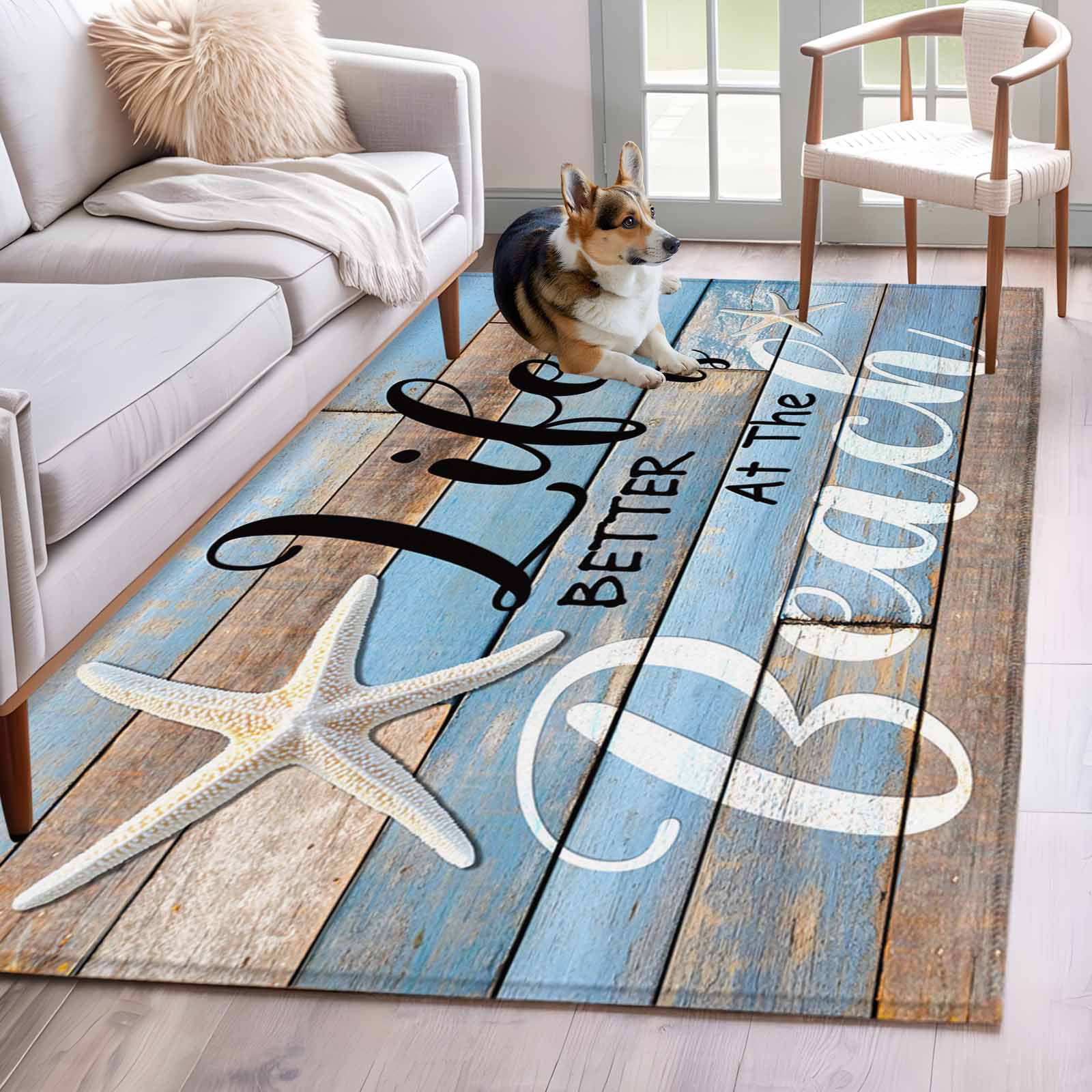 Low Profile Blue Rug Area Rug for Living Room, Blue Beach Non-Slip Indoor Large Carpet for ...