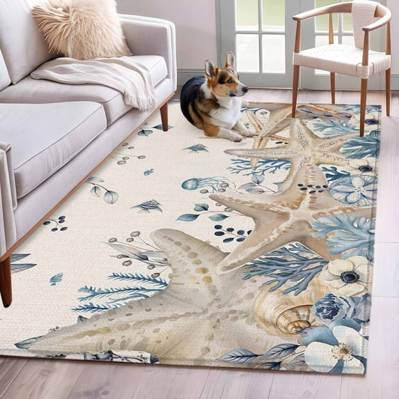 Area Rug for Living Room, Blue Beige Coastal Non-Slip Indoor Large Carpet for Bedroom/Dining Room, Beach Starfish Summer Eucalyptus Rustic Washable Low-Profile Floor Mat Runner Rugs - 2.7 x 5 Ft