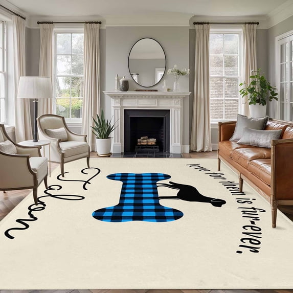 Area Rug for Living Room, Blue Black Buffalo Checkered Non-Slip Indoor Large Carpet for Bedroom/Dining Room, Bones Cute Dogs Pets Washable Low-Profile Rectangle Floor Runner Rugs - 5 x 7 Ft
