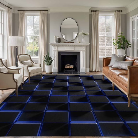 Area Rug for Living Room, Blue Black Cubes Non-Slip Indoor Large Carpet for Bedroom/Dining Room, Modern Geometric Abstract Art Washable Low-Profile Rectangle Floor Runner Rugs - 6 x 9 Ft