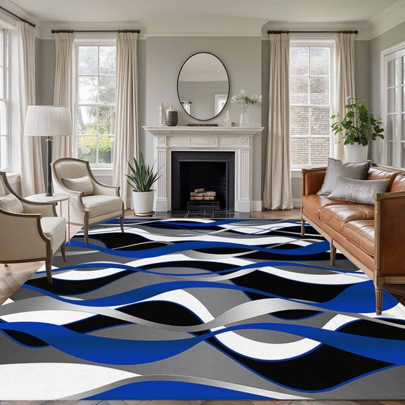 Area Rug for Living Room, Blue Black Stripes Non-Slip Indoor Large Carpet for Bedroom/Dining Room, Modern Abstract Ombre Grey White Lines Washable Low-Profile Rectangle Floor Runner Rugs - 6 x 9 Ft