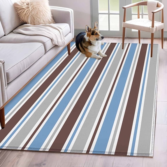 Area Rug for Living Room, Blue Brown Striped Non-Slip Indoor Large Carpet for Bedroom/Dining Room, Farmhouse Stripes Modern Abstract Art Washable Low-Profile Floor Mat Runner Rugs - 2.7 x 5 Ft