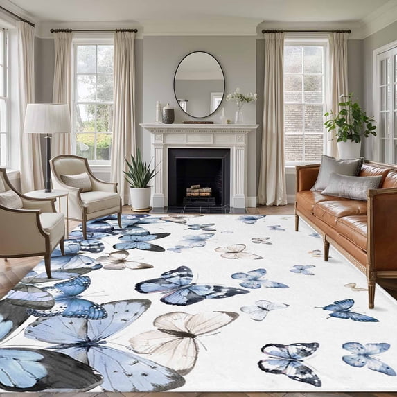 Area Rug for Living Room, Blue Butterflies Non-Slip Indoor Large Carpet for Bedroom/Dining Room, Elegant Pastoral Butterfly Washable Low-Profile Rectangle Floor Runner Rugs - 5 x 8 Ft