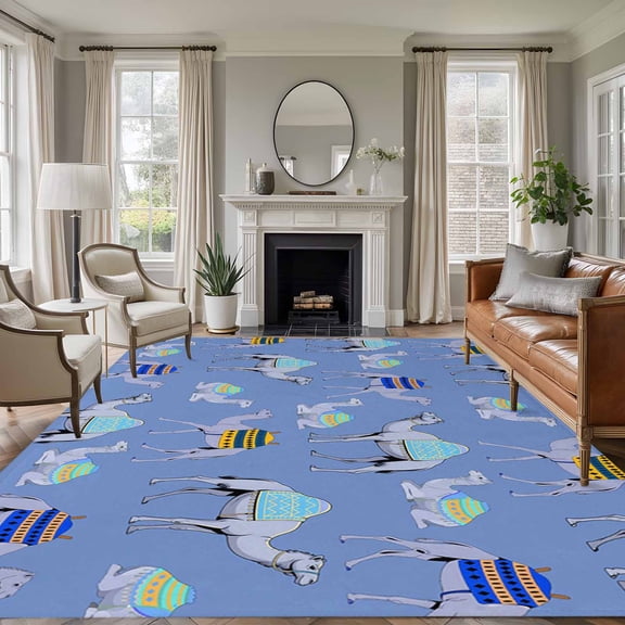 Area Rug for Living Room, Blue Camels Non-Slip Indoor Large Carpet for Bedroom/Dining Room, Modern Watercolor Cute Funny Animals Washable Low-Profile Rectangle Floor Runner Rugs - 6 x 9 Ft
