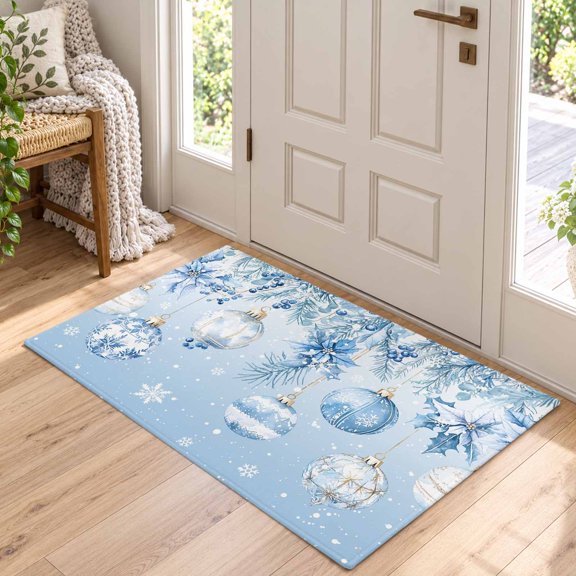 Area Rug for Living Room Blue Christmas Ball Washable Rug 2x3ft, Soft Non-Slip Cushion Rugs Chenille Sponge, Winter Poinsettia Pine Branches Floor Carpet for Bedroom Dining Room Office Nursery Home