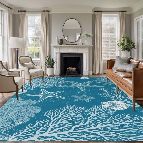 Area Rug for Living Room, Blue Coastal Non-Slip Indoor Large Carpet for Bedroom/Dining Room, Starfish Coral Summer Beach Ocean Washable Low-Profile Rectangle Floor Runner Rugs - 5 x 7 Ft