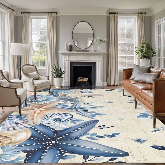 Area Rug for Living Room, Blue Coastal Starfish Non-Slip Indoor Large Carpet for Bedroom/Dining Room, Beach Nautical Shell Eucalyptus Retro Washable Low-Profile Rectangle Floor Runner Rugs - 6 x 9 Ft