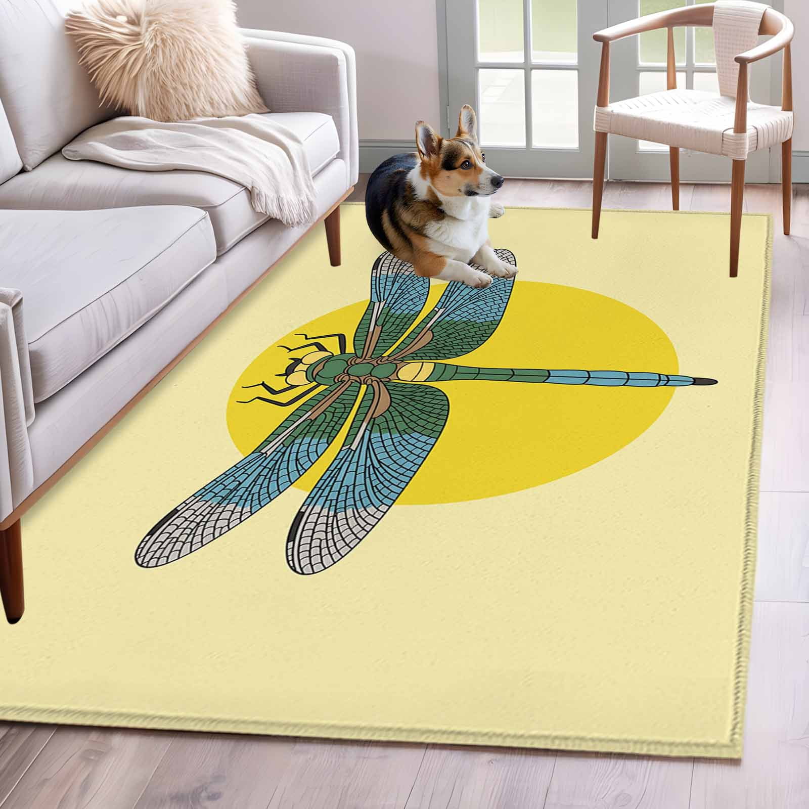 Area Rug for Living Room, Blue Dragonfly Non-Slip Indoor Large Carpet ...
